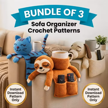 Crochet Sofa Organizer Patterns Bundle | Cat, Dog, Sloth Cup Holder Caddy (PDF Download)