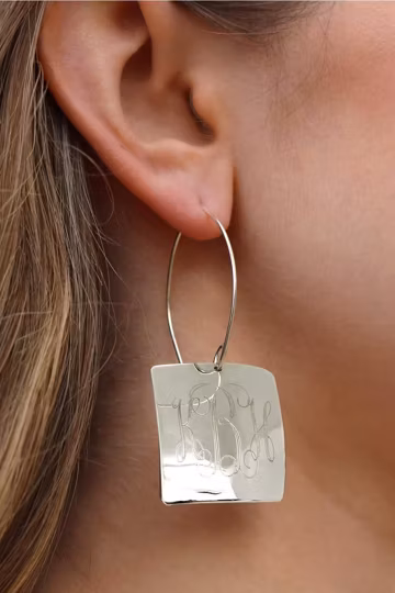 Personalized Square Silver Monogram Earrings - Elegant Dangle Design, Custom Initials Gift for Her