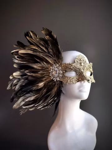 Black Gold Masquerade Mask Women Halloween Party Mask Gold Feather Mask Venetian Masquerade Ball Mask Masked Ball Big Feather Mask