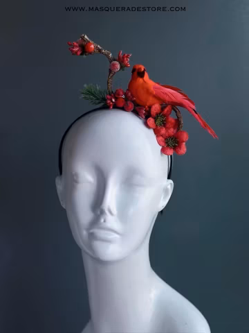 Red Cardinal Holiday Headband with Berries and Florals