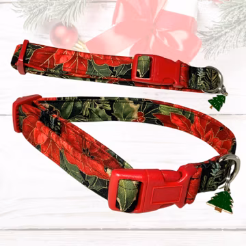 Red Green & Gold Poinsettia Christmas Collar With Charm for Dogs and Cats- Available in Martingale Style Also