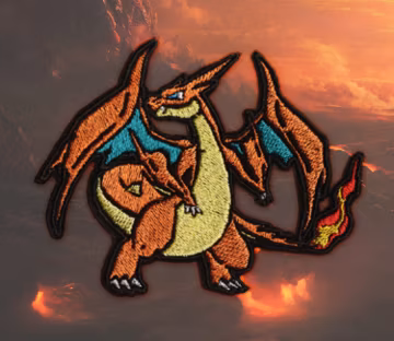 Mega Charizard Y - Iron on patch - Shiny Metallic Embroidered. Pokemon patch.