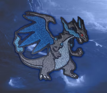 Mega Charizard X - Iron on patch - Shiny Metallic Embroidered. Pokemon patch.