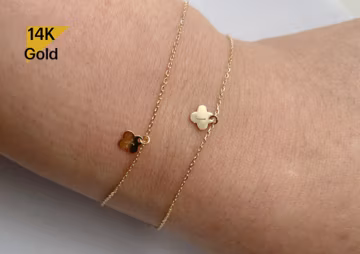 14K Solid Gold Clover Bracelet, 14K Yellow Gold Thin Chain Bracelet, Ankle Bracelet Chain