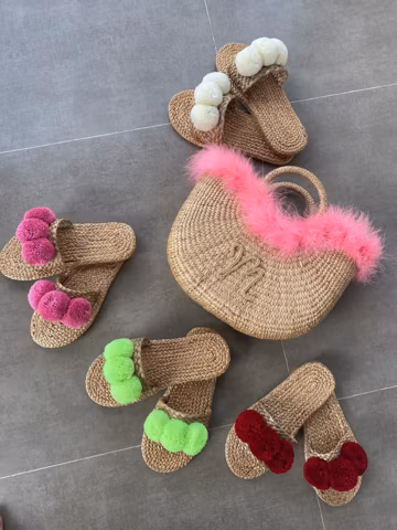 BOHP Pom Pom Sandals, Woven Water Hyacinth Slides, Beach Wedding Shoes