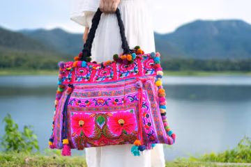 Purple Orchid Boho Tote, Thai Hmong Embroidery, Pom Poms & Tassels, Beach Bag