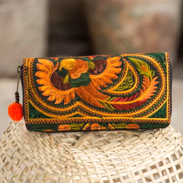 Hmong Embroidered Boho Wallet, Tribal Zip Purse with Pom Pom - WA301ORGB