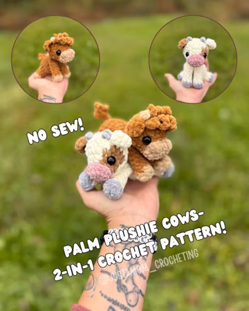 2-in-1 Cow, Highland Cow Palm Plushies, No Sew Crochet Pattern (PDF Pattern)