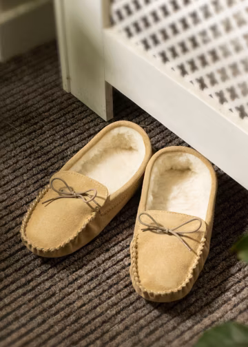 Men's Handcrafted Suede Moccasin Slippers: Sheep Wool Lined, UK Made