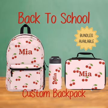 Cherry Girls Personalized Backpack, Lunch Bag, Water Bottle, Kids Travel Backpack, Unique Name Backpack, Gift for Students,Back to School