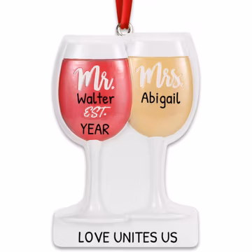 Personalized Mr and Mrs Wine Glass Ornament | Custom Wedding Christmas Keepsake for Newlyweds ~ Love Unites Us Couple Gift, First Married