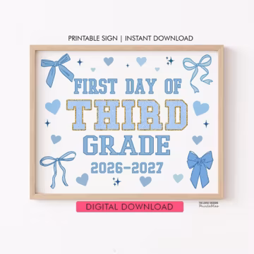 First Day of 3rd Grade Sign, Blue Bow Printable First day of Third Grade sign, INSTANT DOWNLOAD Photo Prop, First Day of School Sign Digital