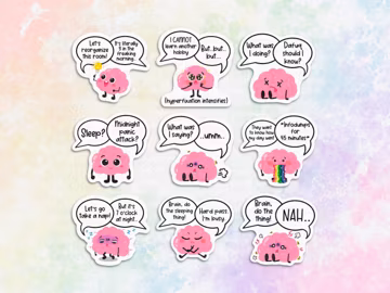funny brain sticker pack for laptop, adult adhd stickers for kindle bundle, mental health gift for women, neurodivergent sticker set for