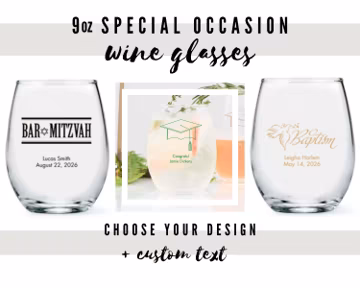 Custom Special Occasion Small Stemless Wine Glasses - 27 Design Options - Graduation Wine Glass - Baptism - Bar Mitzvah - Bat Mitzvah