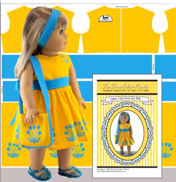 ON SALE! 25% Off! -18 in "Yellow Tulip Dress" Doll Clothes Kit To Sew - Dress+Bag - Fits Doll Shown+Similar- Fabric Panel+Trims+Sewing Guide