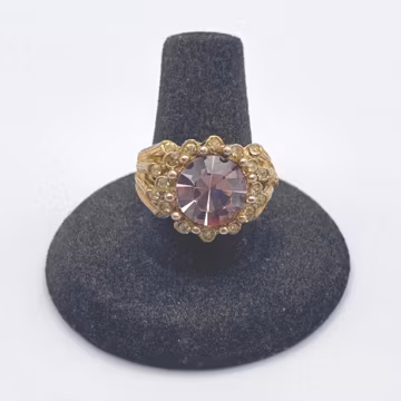 Vintage Gold Tone Statement Ring, Pink Clear Rhinestones, Adjustable Size 8