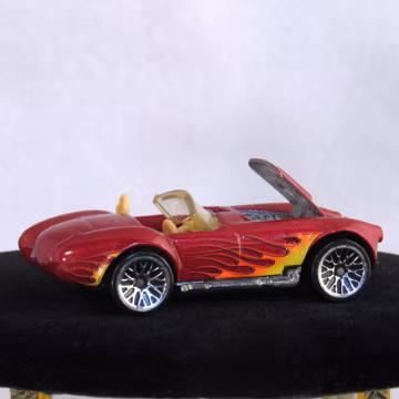 Hot Wheels Race Car 2001 Metallic Burgundy Red 1982 Shelby Cobra Convertible Open Hood Flames Metal Base Malaysia 1/64 Scale Diecast Toys