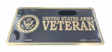 U.S. Army Veteran in Gold with Army Crest on Black Metal License Plate Officially Licensed Product