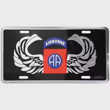 U.S. Army 82nd Airborne with Silver Wings on Black Embossed License Plate Officially Licensed Product