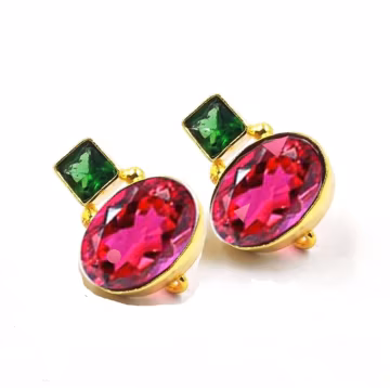 Multi Color Quartz & Chalcedony Earrings Post, 22kt Gold Plated Handmade Two Stone Connector Post Stud, DIY Jewelry Supply, Earring Findings