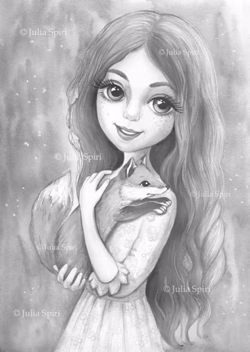 Grayscale Coloring Page, Digital stamp, Digi, Girl Fox, Redhead, Whimsy, Crafting, Scrapbooking, Black & White. Roxy and Foxy