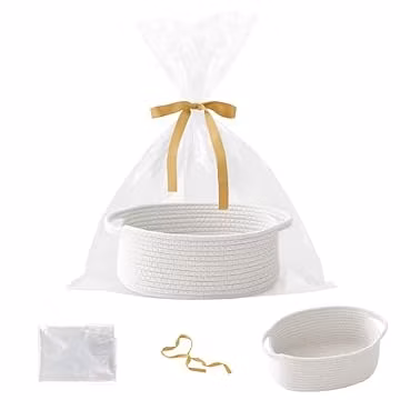 HZFTJOY White Woven Rope Basket,Baby Gift Basket with Bag & Ribbon