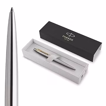 Parker Jotter Ballpoint Pen, Stainless Steel with Golden Trim, Medium Point, Blue Ink, Gift Box - Smooth Writing, Sleek, Polished, Professional, Desk Essentials