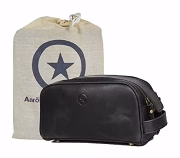 10" Premium Leather Toiletry Travel Pouch With Waterproof Lining Black Color | King-Size Handcrafted Vintage Shaving Kit By Aaron Leather Goods (Florida Black)