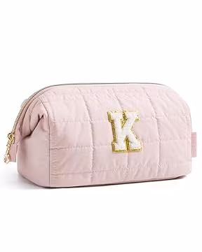 BAGSMART Birthday Gifts Personalized Initial Makeup Bag, Trendy Stuff Gifts for Women Bridesmaid Graduation, Puffy Padded Make Up Bags for Women, Wide-open Toiletry Bag, Pink K