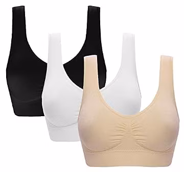 Vermilion Bird Women's 3 Pack Seamless Comfortable Sports Bra with Removable Pads M/Shirt Size 6,8 Black &White &Nude