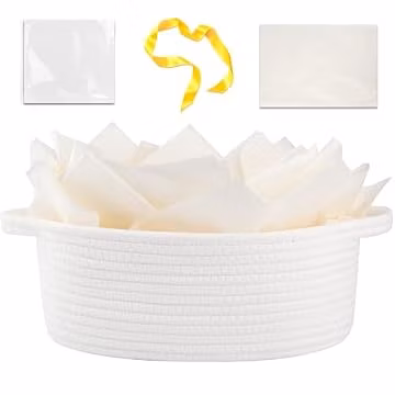OIAHOMY Gift Basket with Handle, Small Woven Basket with Gift Bag, Ribbon and Wrap Tissue Paper, Nursery Bins Empty to Fill with Small Items, Baby, Pet Toy Organizer - White
