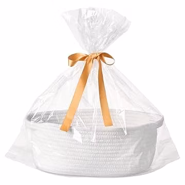 Small Woven Gift Basket Empty with Bag & Ribbon, Storage Basket for Father's Day for Dad, Baby Shower, Raffle, Birthday, Cute Organizer with Handles, 12"x8"x5", White
