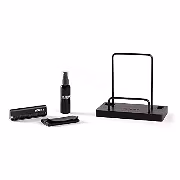 Victrola The Kit – Vinyl Cleaning Kit – Doubles as a Record Stand, Includes Anti-Static Brush, Cleaning Solution, & Cloth, No-Tool Easy Assembly, Black Metal Accents (Espresso)