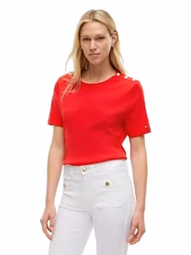 Tommy Hilfiger Women's Ribbed Boxy Crew Neck T-Shirt with Button Detail, Primary RED Medium