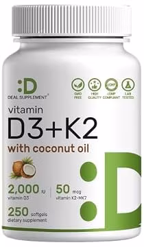 DEAL SUPPLEMENT Vitamin D3 2,000 IU + K2 MK7 50mcg Softgels | 2-in-1 Complex with Virgin Coconut Oil | Supports Heart, Bone, Teeth & Immune Health | Easy to Swallow