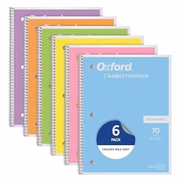 Oxford Spiral Notebook, 1 Subject, College Ruled Paper, 8 x 10-1/2 Inch, Pastel Pink, Orange, Yellow, Green, Blue and Purple, 70 Sheets (63756), Set of 6