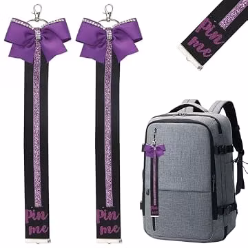 Threetols 2PCS Glitter Cheerleader Ribbon Keychain, Cheer Pin Me Ribbon for Backpack School Bag Cheer Pin Strap Holder with Rhinestones Bow Cheerleading Sports Accessory Gift (Purple)