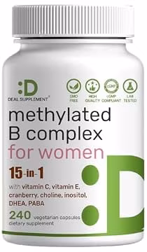 DEAL SUPPLEMENT Methylated B Complex for Women, 240 Vegetarian Capsules | 15-in-1 Bioactive Formula with Methylated & Activated B Vitamins Plus Inositol, Cranberry, Choline, PABA & DHEA | Non-GMO