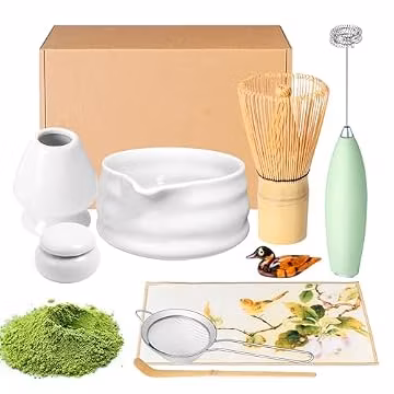 Matcha Whisk Set and Bowl, Matcha Making Kit Whisk, Bowl With Spout, Powder Starter Sifter, Ceramic Whisk Holder, Spoon Japanese Tea Tools For Ceremony Gift (White, 9 Pack)