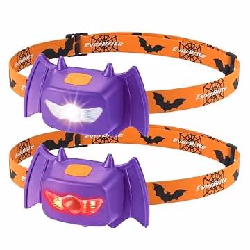 EverBrite Halloween Bat Headlamps, 2 Pack Kids Head Lamps with Warm/Red/Strobe 3 Modes, Headlights for Party and Decorations, Ideal Halloween Gifts