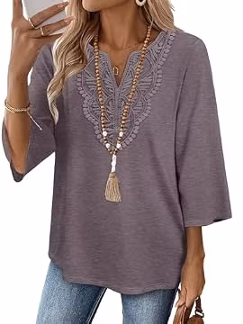 Womens Clothes Women's Clothing 3/4 Length Sleeve Womens Tops Fashion Shirts for Women Boho Tops Business Casual Outfits V Neck Blouses Dressy Casual Basic Tees Beach Vacation Fall Mocha Purple 2026