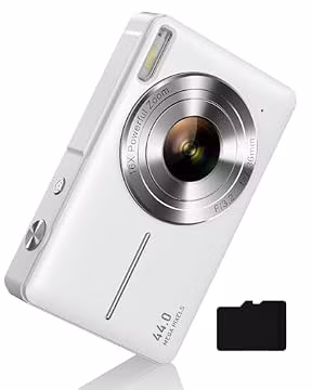 Camkory Digital Camera for Kids and Starters, FHD 1080P 44MP Point and Shoot Camera with 32GB Micro Card 16X Zoom Anti Shake,Two Batteries, Gift for Boys Girls Kids, White