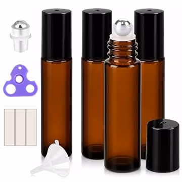 PrettyCare 4-Pack 10 ml Amber Glass Essential Oil Roller Bottles, Black Cap