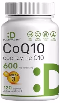 CoQ10 600mg, 120 Capsules – with Omega 3 Fatty Acid 100mg – Max Strength – Bioavailable Coenzyme Q10 Supplements – Heart, Energy, & Brain Health Antioxidant Support – Non-GMO