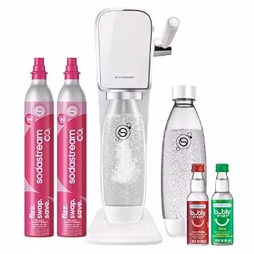 SodaStream ART Sparkling Water Maker, Value Bundle, Soda Maker, Includes 2 Quick Connect 60L CO2 Cylinders, 2 Dishwasher Safe BPA Free Bottles, 2 bubly Flavor Drops, Make your own Pepsi, White