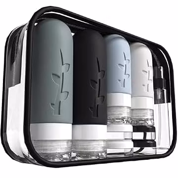 DEPOZA Travel Bottles Kit (16 Pack) - TSA Approved, Leak Proof Silicone Squeezable Containers for Toiletries. Complete Set with Jars, Sprayers & Bag (Black)