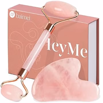 BAIMEI IcyMe Rose Quartz Roller & Gua Sha Facial Tool Set for Depuffing