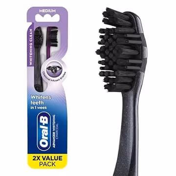 Oral-B 3D White Charcoal Manual Toothbrush, 2-Pack, Medium Bristles, Teeth Whitening Brushes for Adults