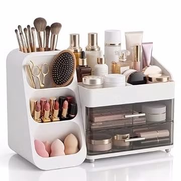 VegStow Makeup Organizer with Drawers & Brush Holder for Vanity - Organize Cosmetics Bathroom Countertop Storage Skin care Essentials Dresser, Bathroom, Office Countertop (White)