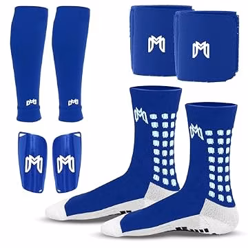 MediCaptain Soccer Grip Socks, Shin Guards, Pre Cut Sock Sleeves, and Guard Straps Bundle Pack - Essential Equipment for Soccer Players - for Mens, Women, Youth, Size 7 to 12 US Men Shoe Size (Blue)
